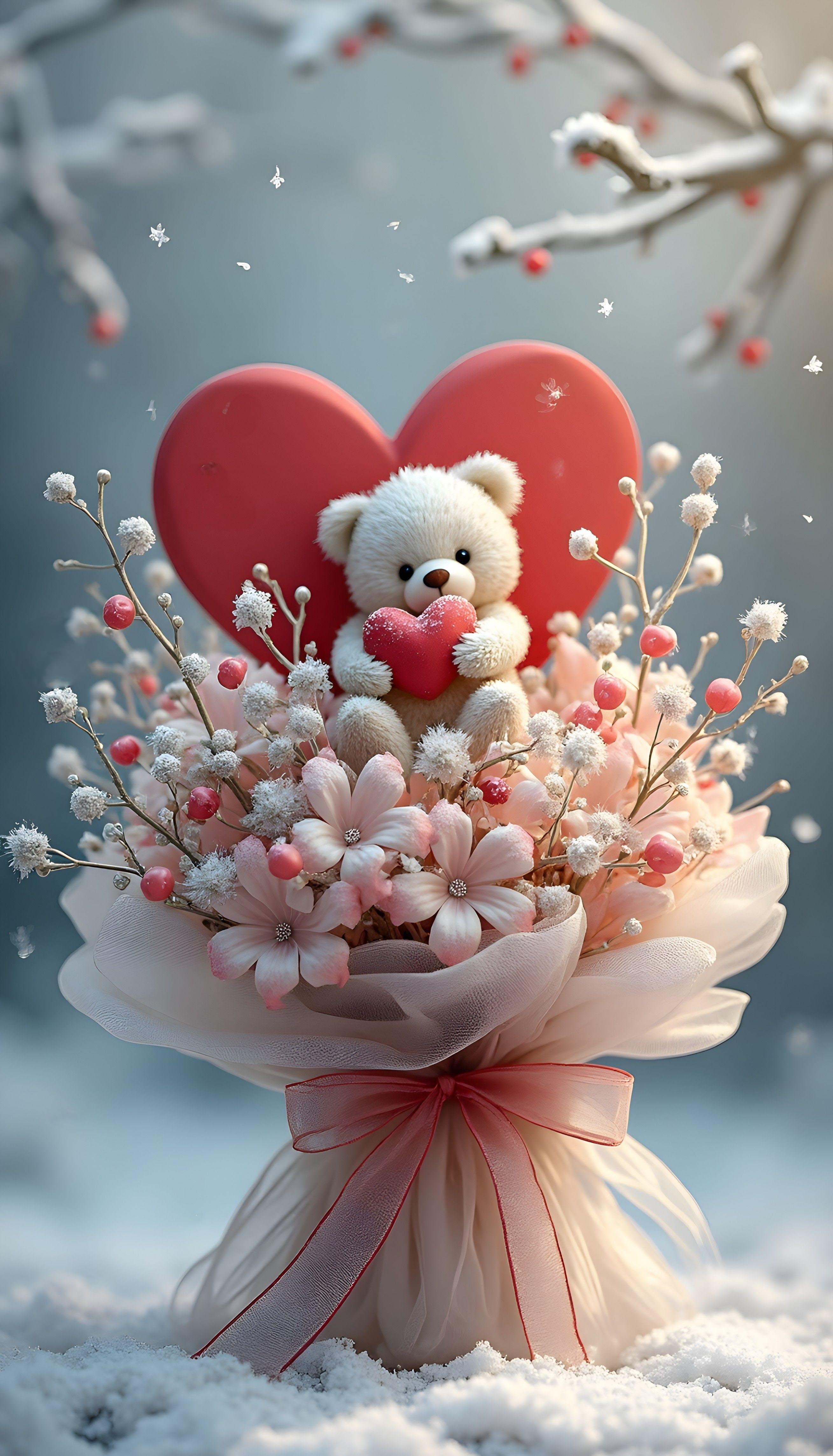 Открытка с днем Святого Валентина 14 февраля. Без текста. Мишка, сердечко, цветы, зима.
