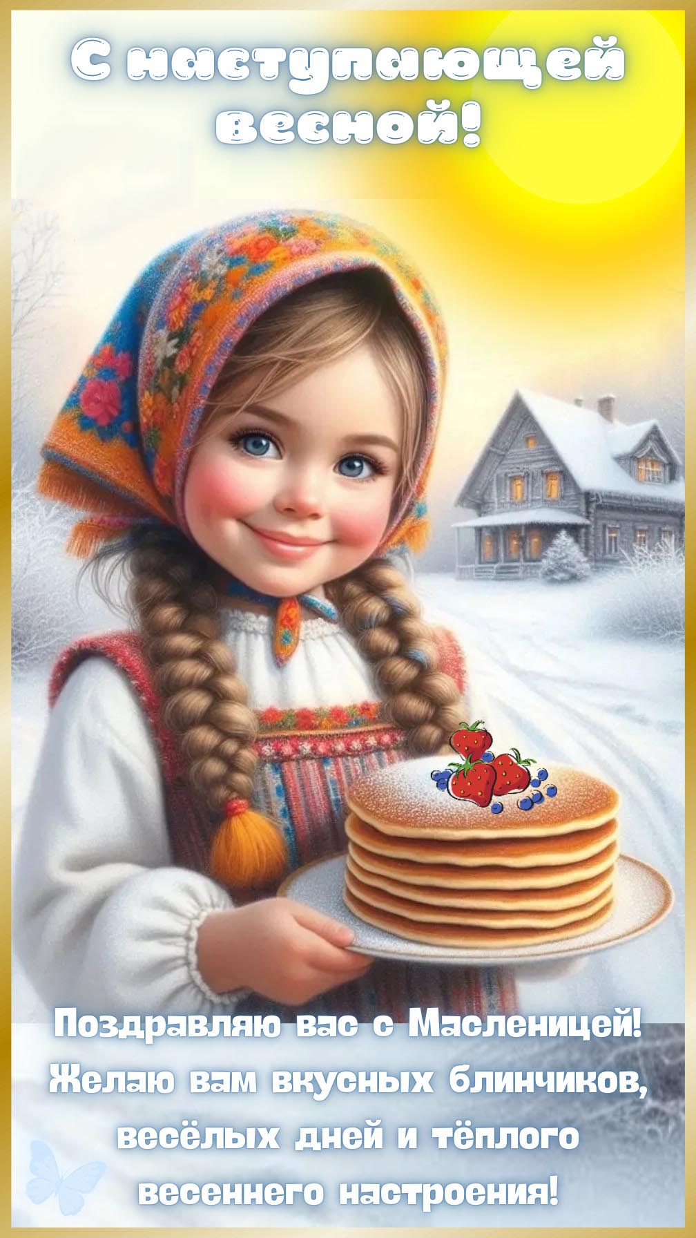 Открытка с Масленицей. С наступающей весной! Поздравления, девочка с блинами.