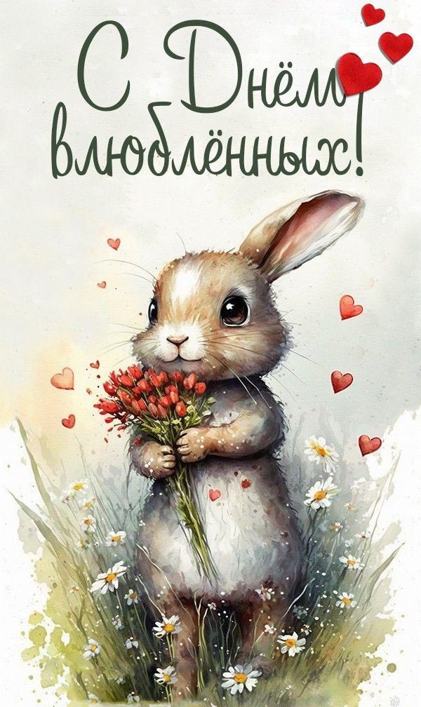 Открытка с днем Святого Валентина 14 февраля. Зайчик с цветами, сердечки.