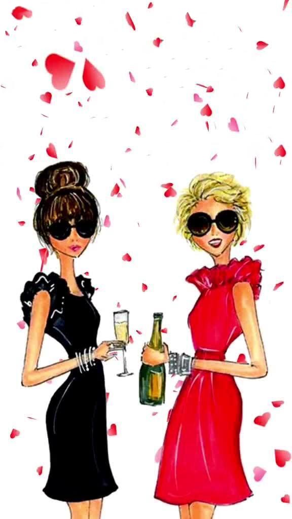 Открытка с днем рождения подруга. Две девушки с шампанским, сердечки.