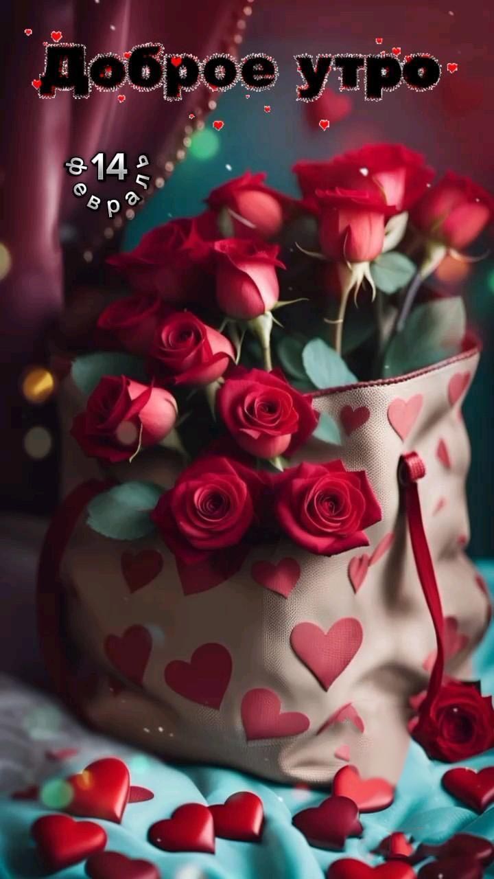 Открытка с добрым утром Святого Валентина 14 февраля. Красные розы и сердечки.