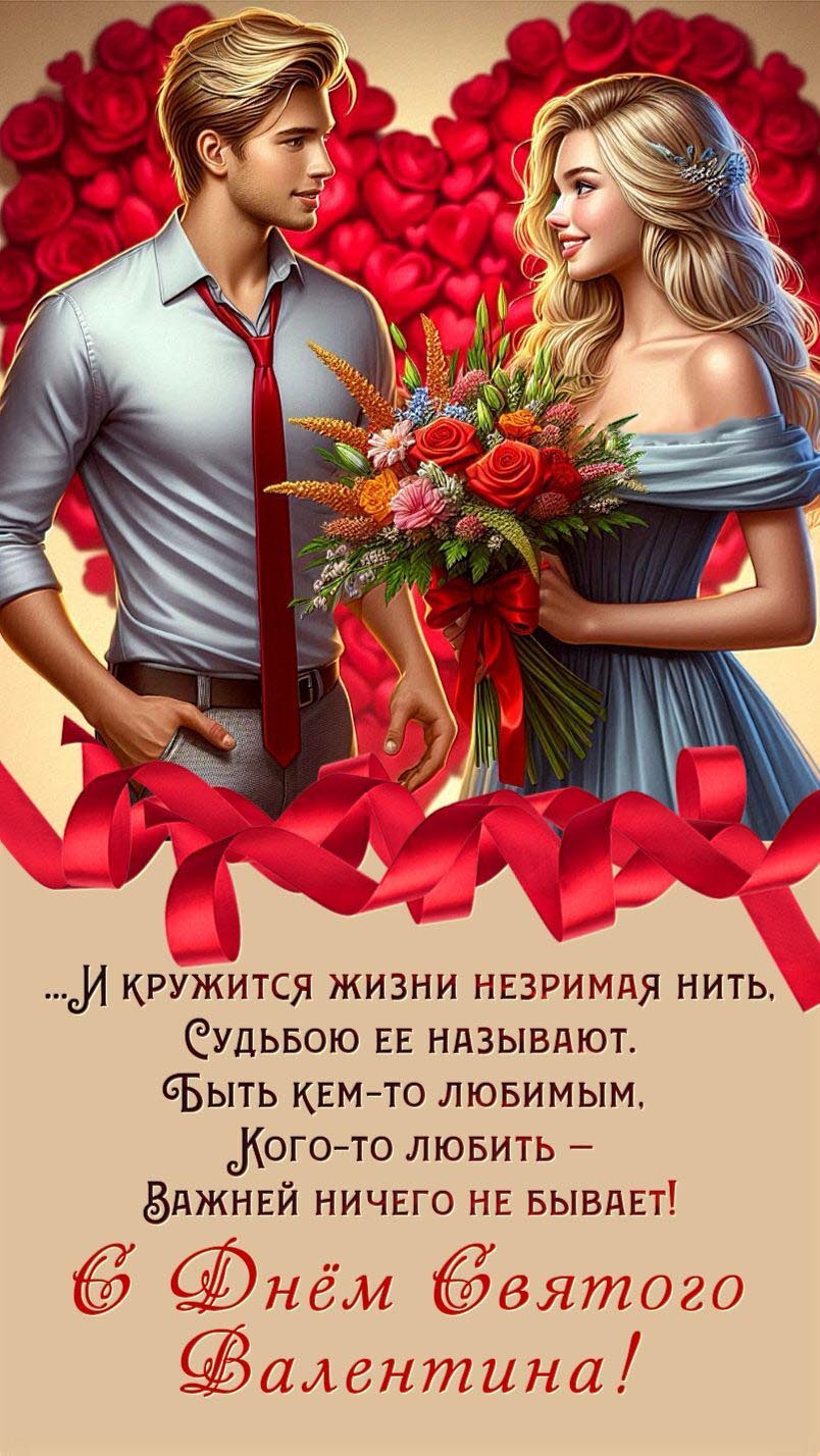 Открытка с днем Святого Валентина 14 февраля. Стихи, девушка с парнем, цветы.