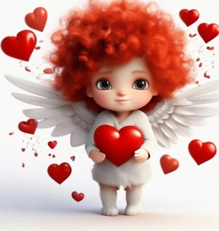 Открытка с днем Святого Валентина 14 февраля. Кучерявый ангелочек с сердечками. Без текста.