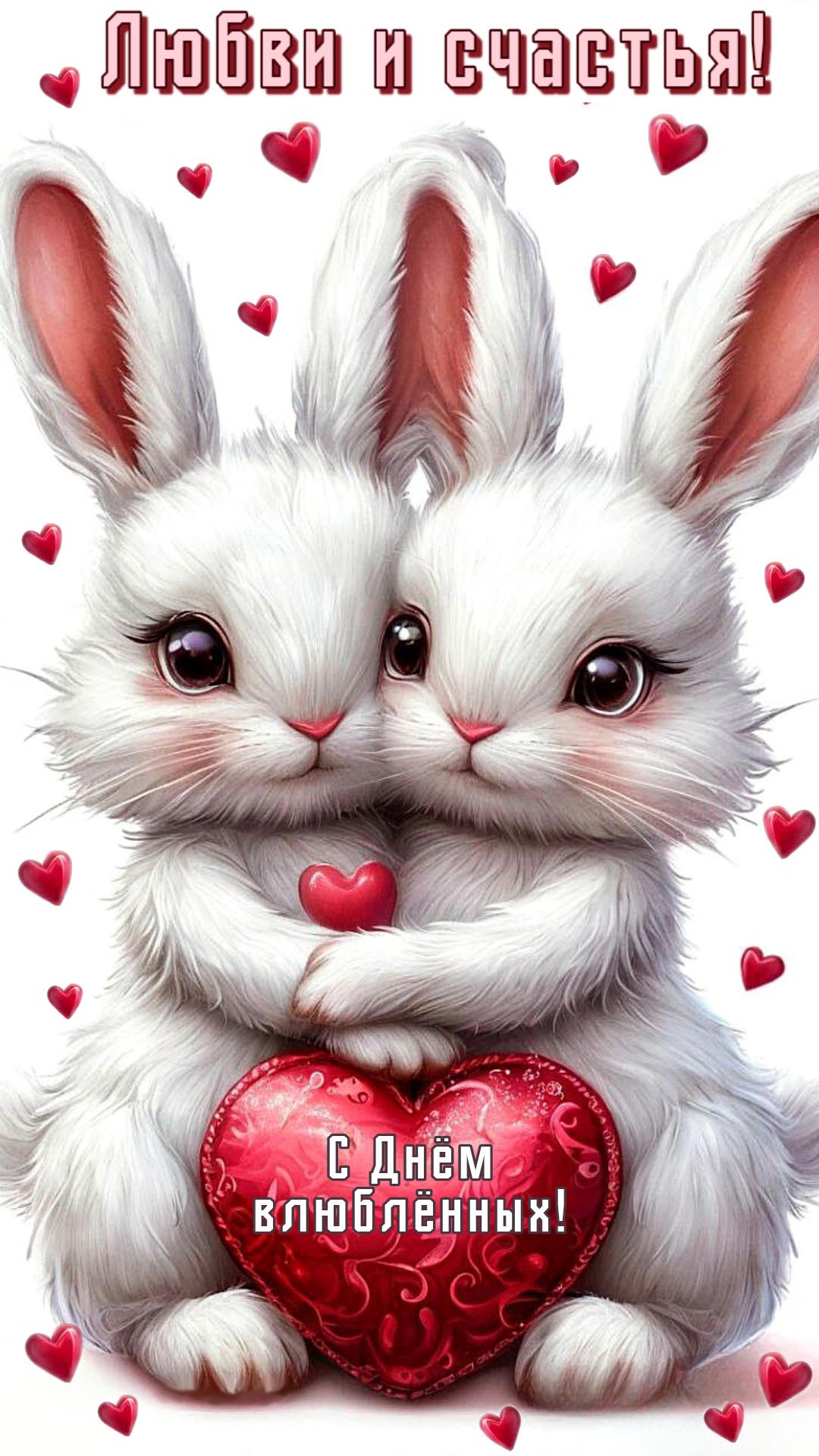 Открытка с днем Святого Валентина 14 февраля. Любви и счастья! Зайчики и сердечко.