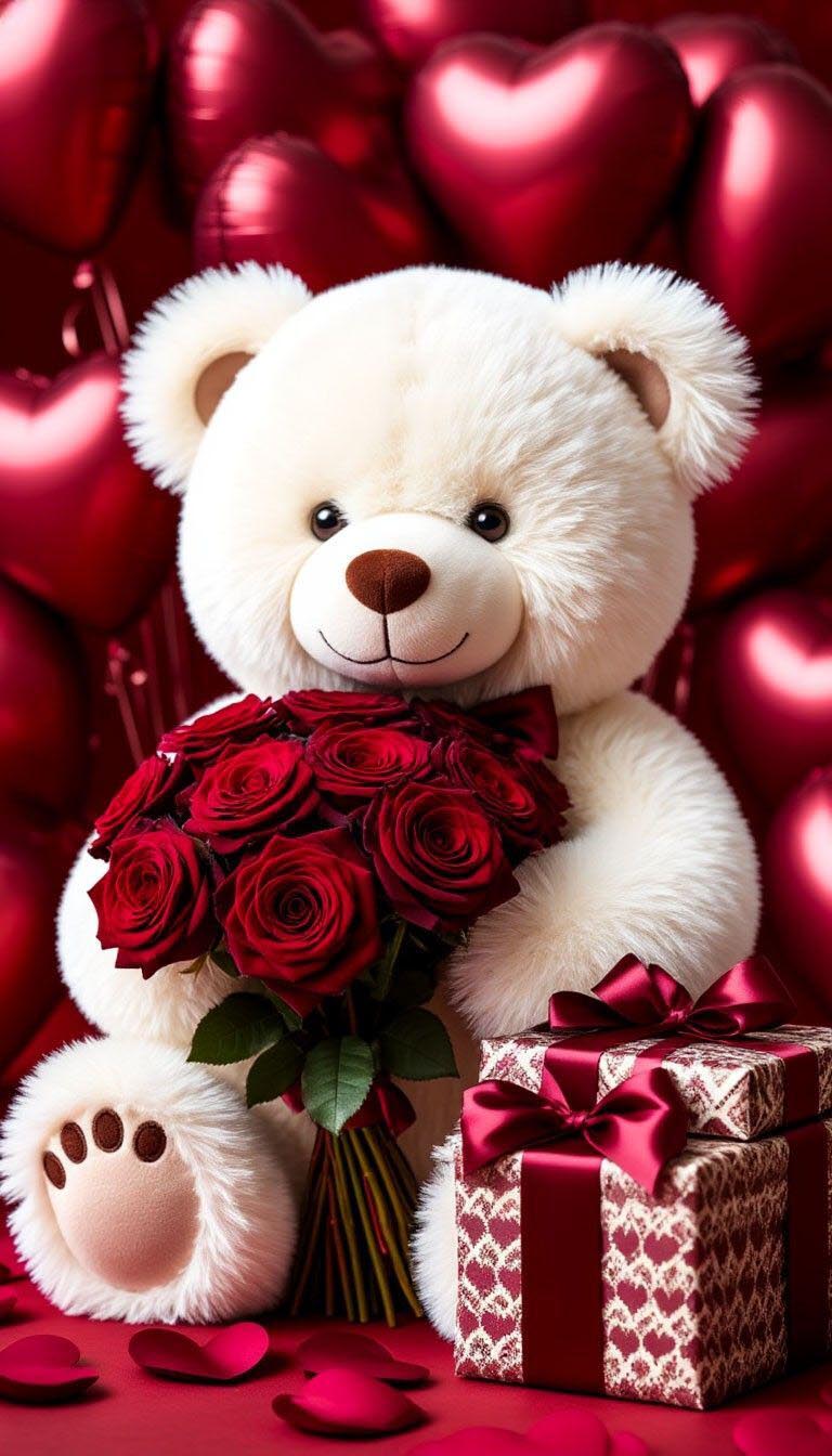 Открытка с днем Святого Валентина 14 февраля. Мишка с цветами и подарками. Без текста.