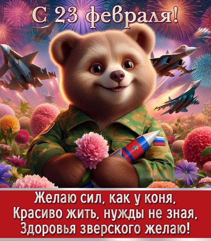 Открытка с 23 февраля День Защитника Отечества. Медведь, военные самолеты, пожелания.