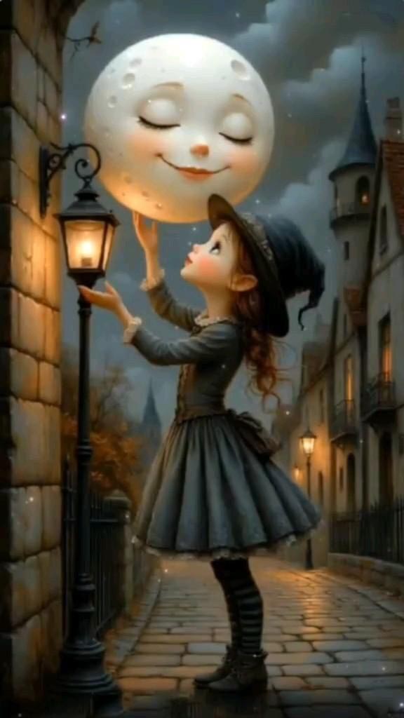 Открытка спокойной ночи. Без текста. Девочка, луна, фонарь, улица.