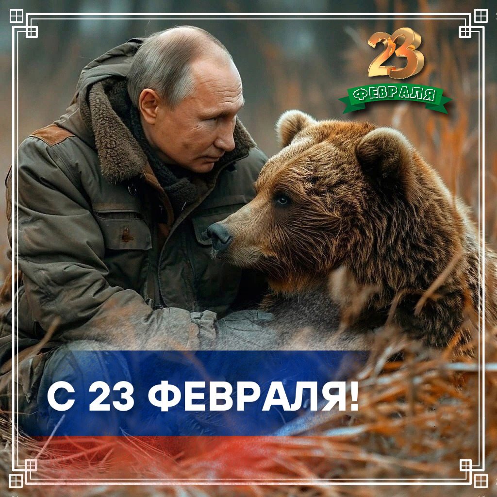 Открытка с 23 февраля День Защитника Отечества. Владимир Путин с медведем.
