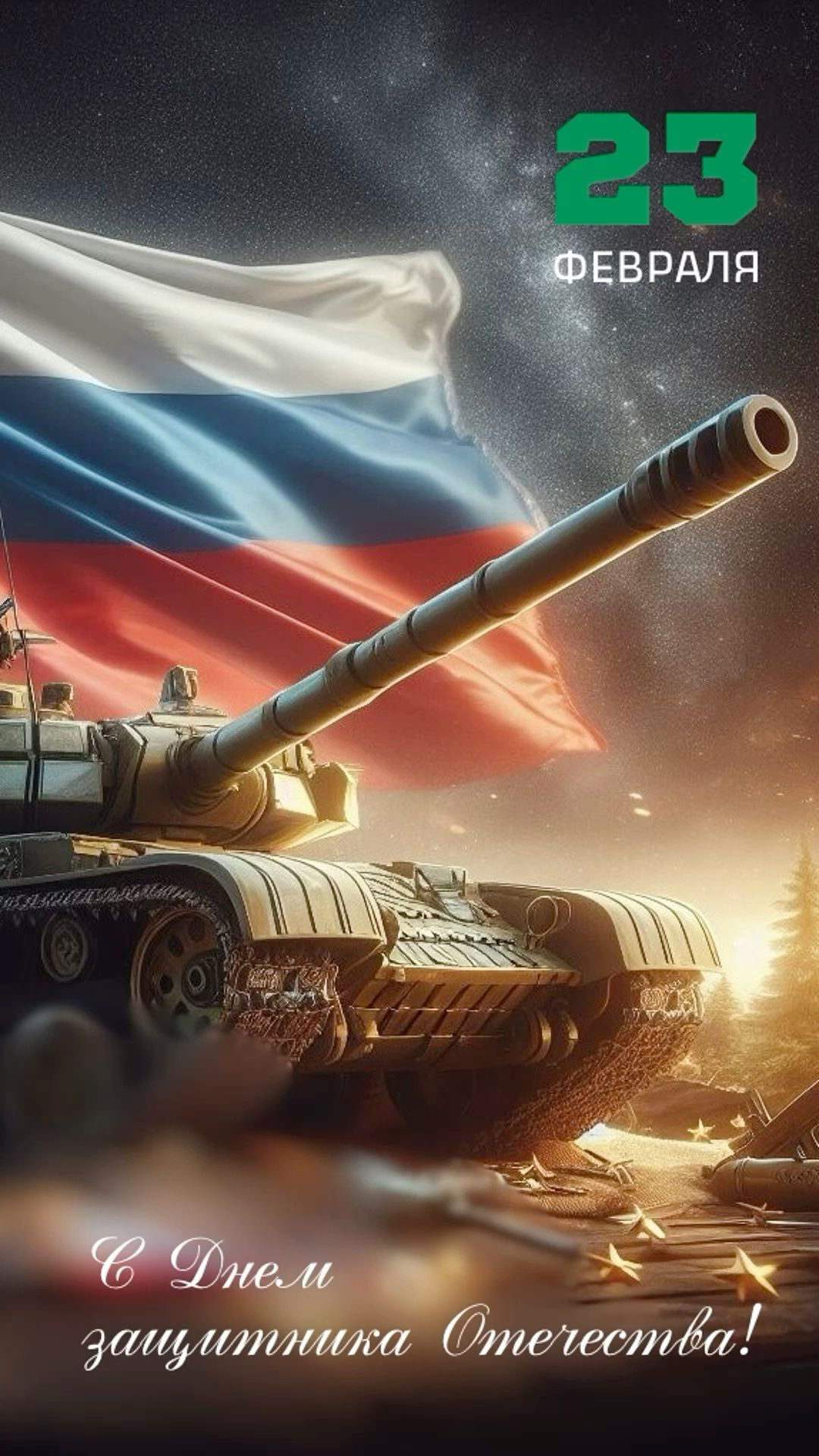 Открытка с 23 февраля День Защитника Отечества. Танк, Российский флаг.