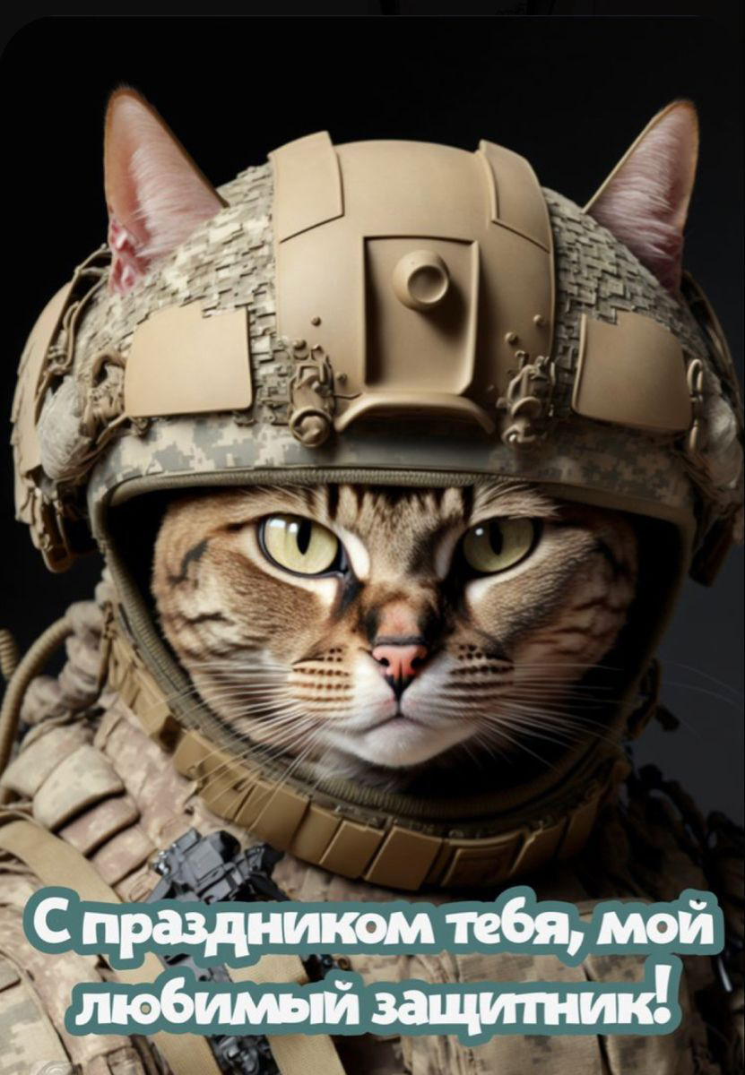 Открытка с 23 февраля День Защитника Отечества прикольная. Котик в военном снаряжении. С праздником тебя, мой любимый защитник!