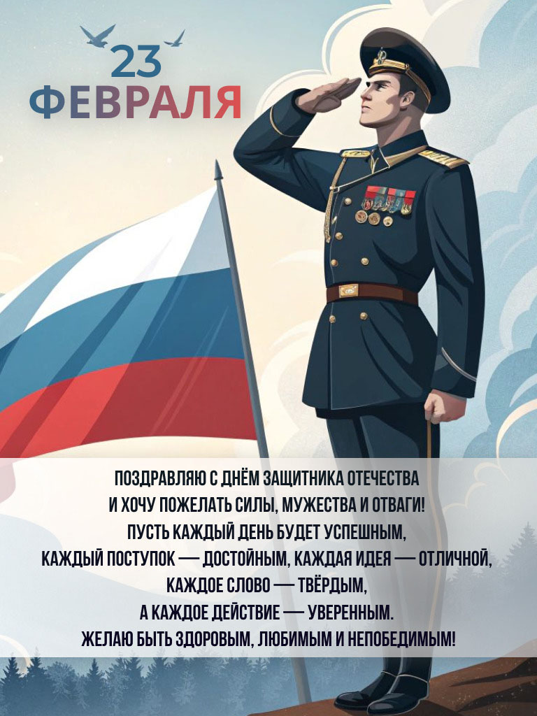 Открытка с 23 февраля День Защитника Отечества. Пожелания, военный, Российский флаг.