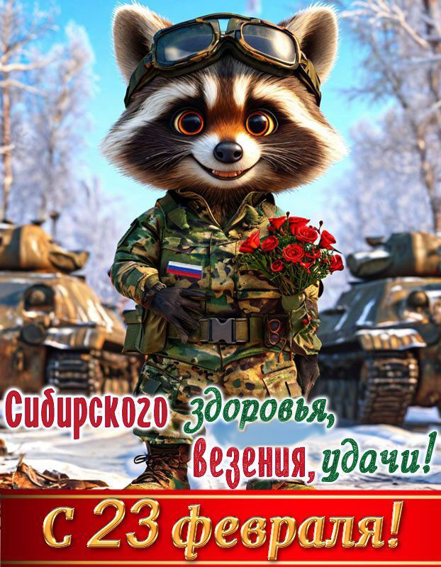 Открытка с 23 февраля День Защитника Отечества. Енот с цветами и военная техника.