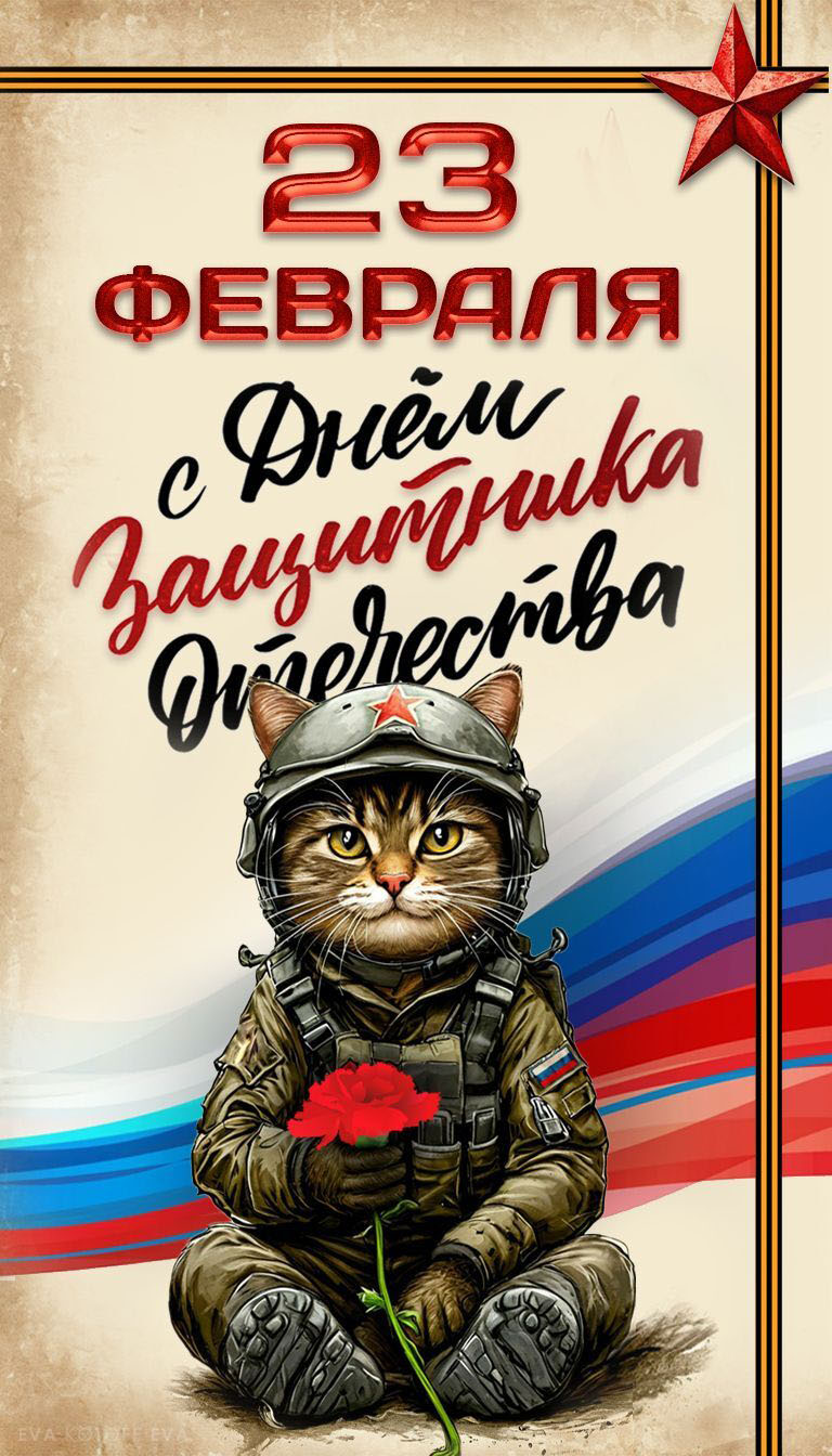 Открытка с 23 февраля День Защитника Отечества прикольная. Котик в военной форме.