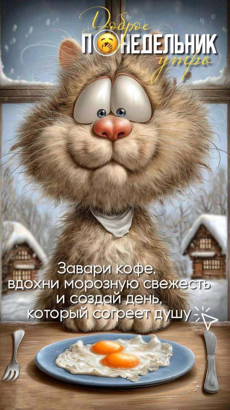 Открытка на понедельник с добрым утром прикольная с юмором. Котик с яичницей.
