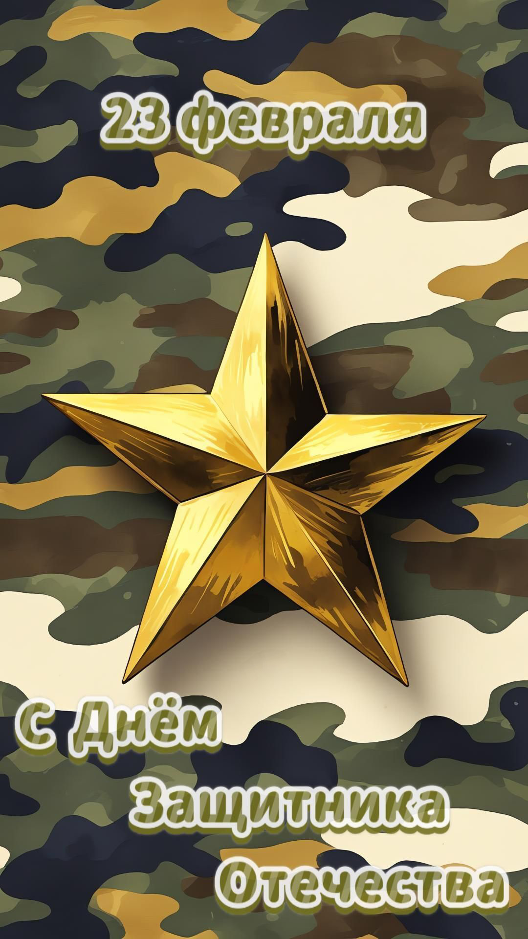 Открытка с 23 февраля День Защитника Отечества. Звезда и камуфляжные цвета.