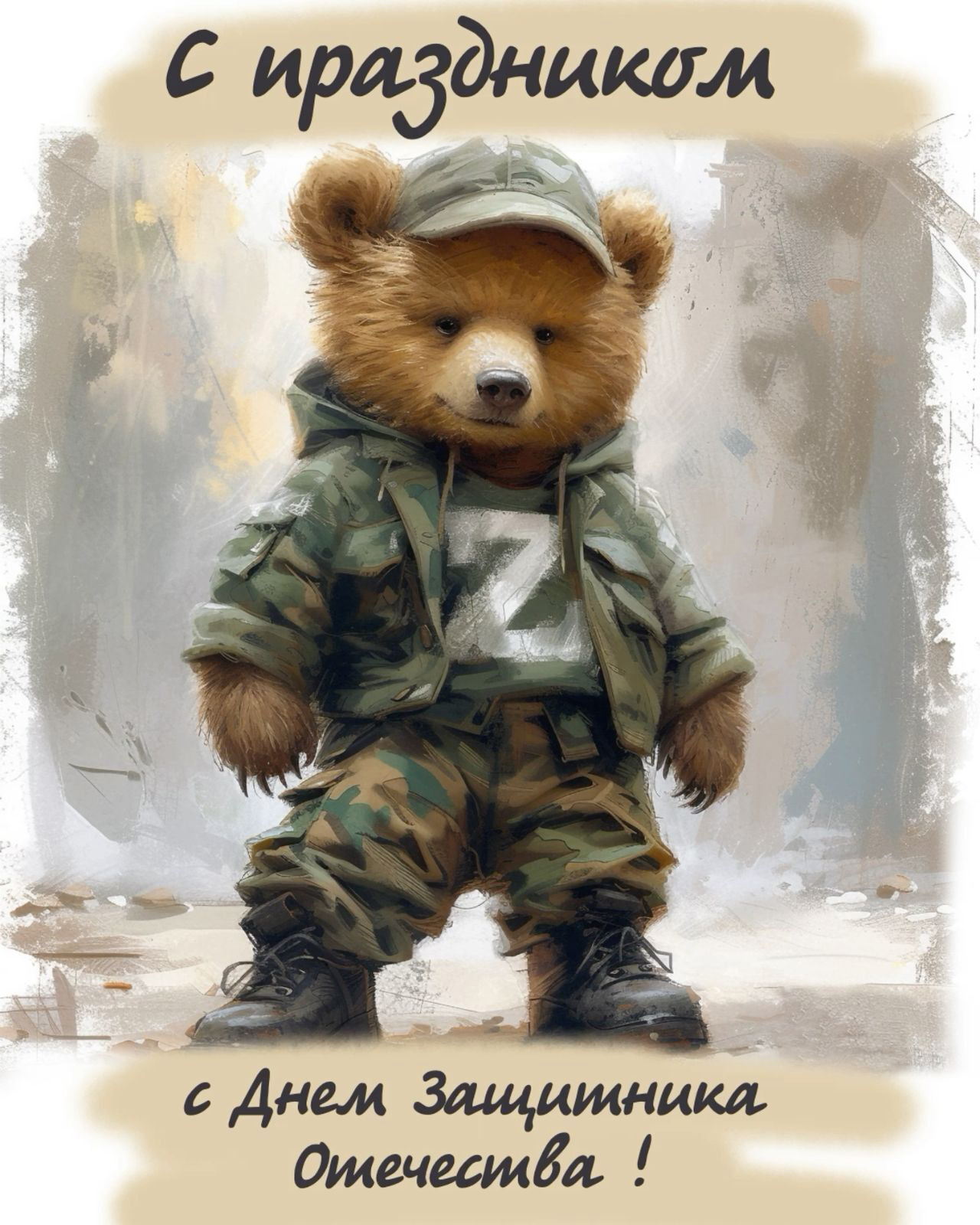 Открытка с 23 февраля День Защитника Отечества. Мишка с буквой Z на военной форме.