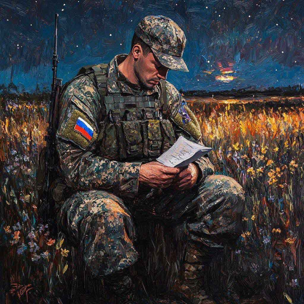 Российский военный читает письмо на фронте.