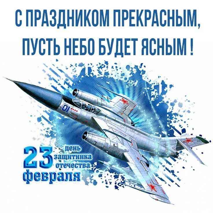 Открытка с 23 февраля День Защитника Отечества. Пожелание, военный самолет.