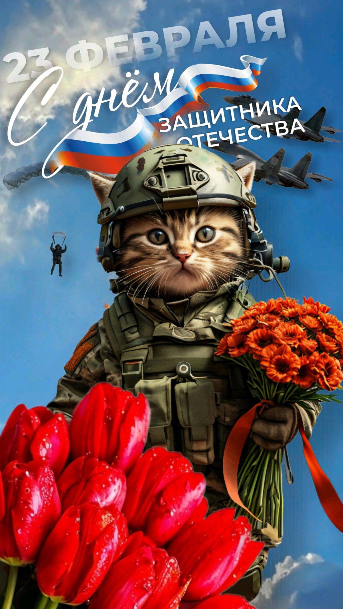 Открытка с 23 февраля День Защитника Отечества прикольная с котиком. Котик, цветы.