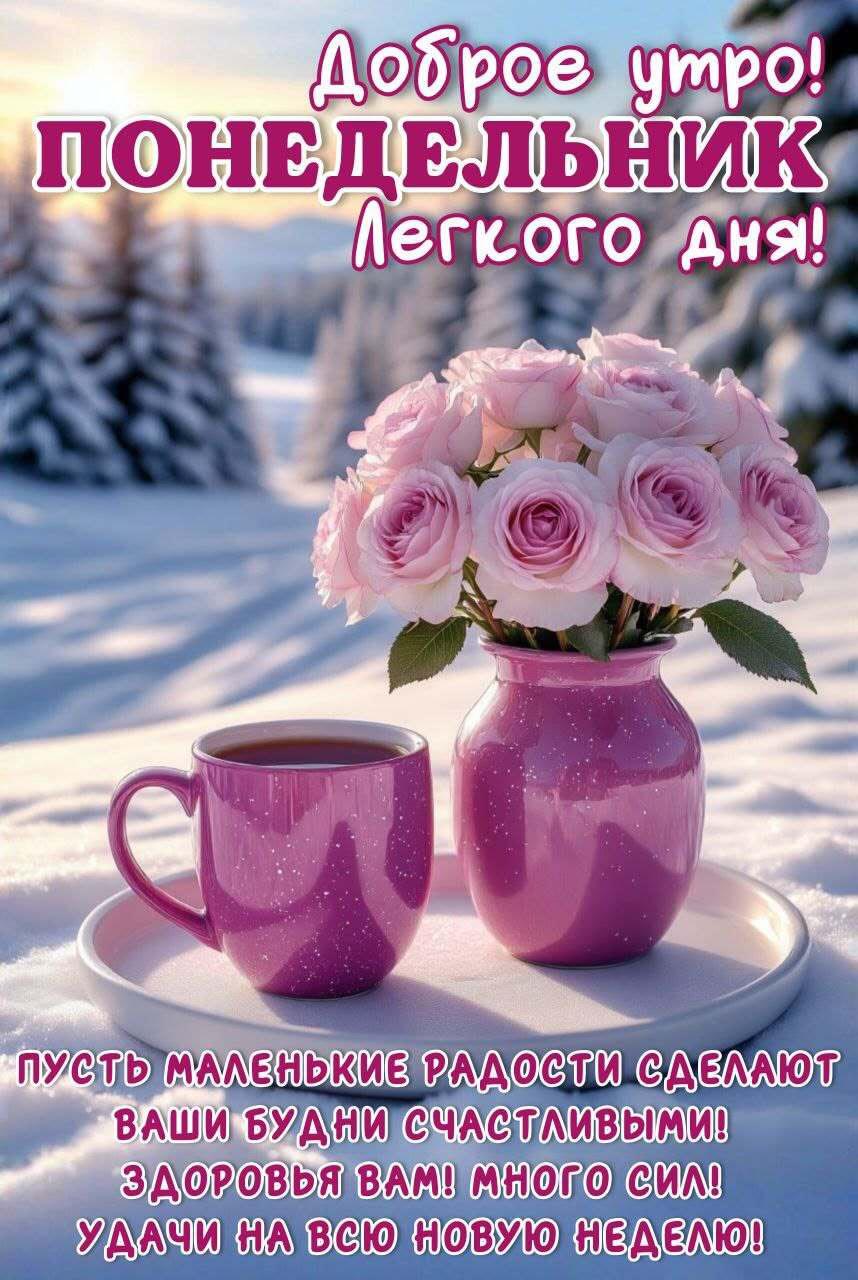 Открытка на зимний понедельник. Доброго зимнего утра! Зимний лес, цветы, чашка.