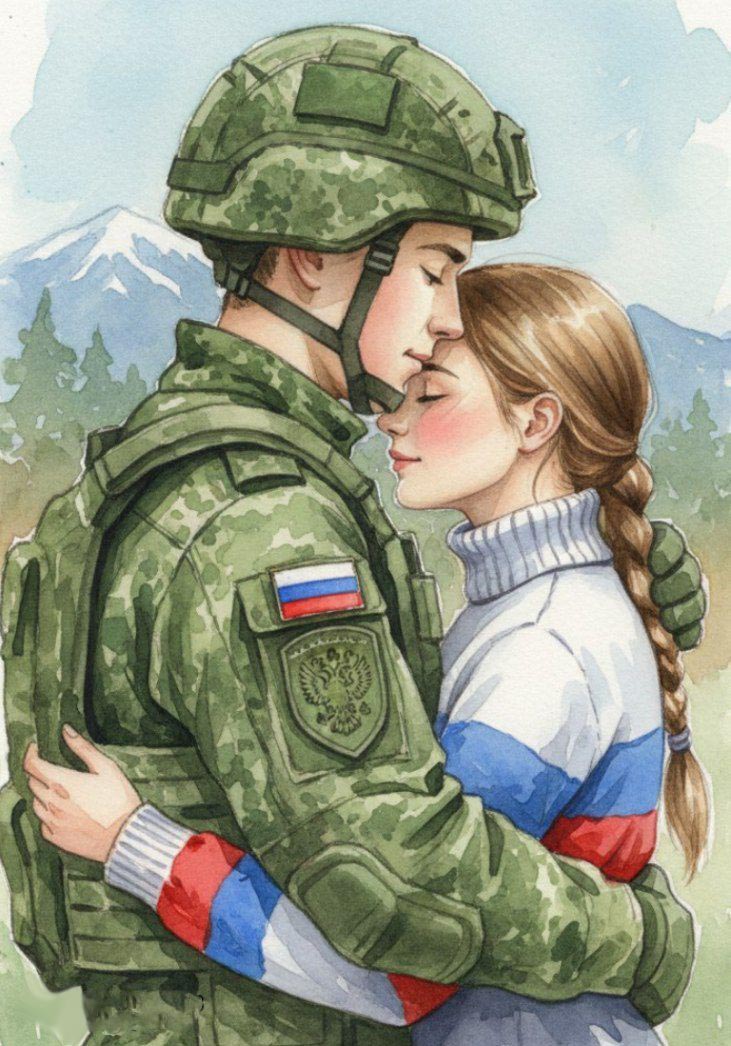 Российский солдат с девушкой. Рисунок.