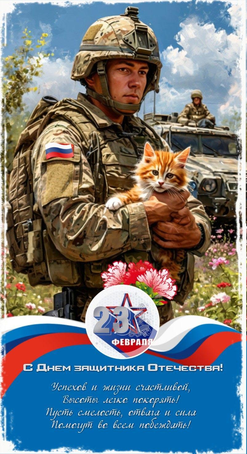 Открытка с 23 февраля День Защитника Отечества современная. Российский солдат с котенком.