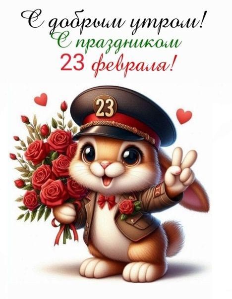 Открытка с добрым утром 23 февраля День Защитника Отечества. Зайчик с цветами.