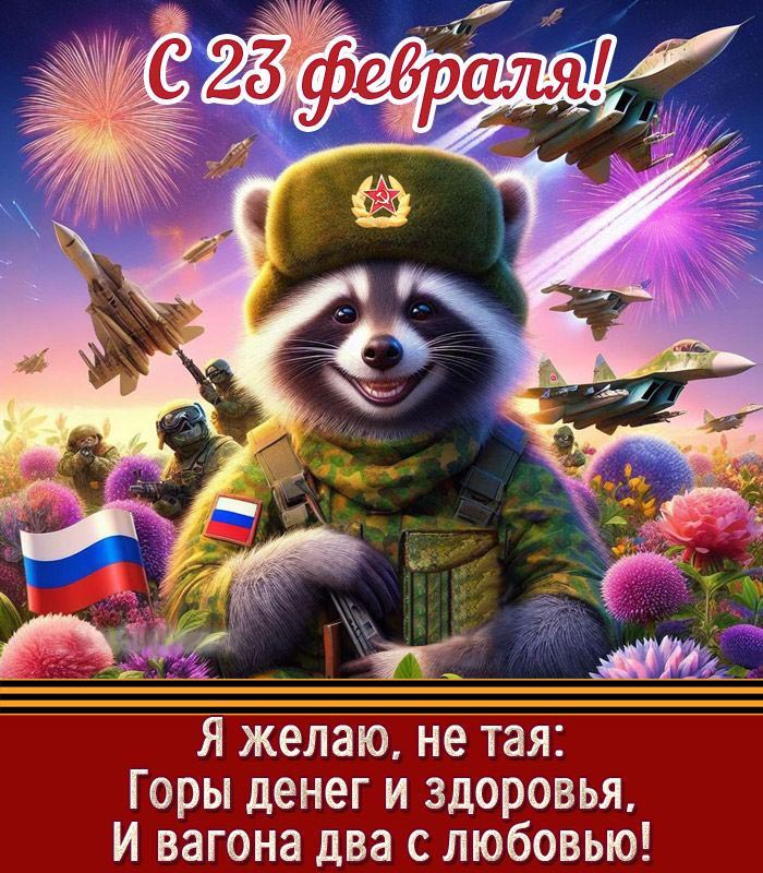 Открытка с 23 февраля День Защитника Отечества прикольная с юмором. Пожелания, енот в ушанке.