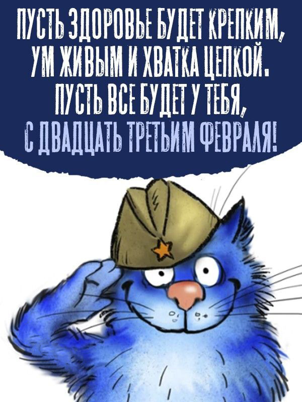 Открытка с 23 февраля День Защитника Отечества с юмором прикольная. Котик и пожелания.