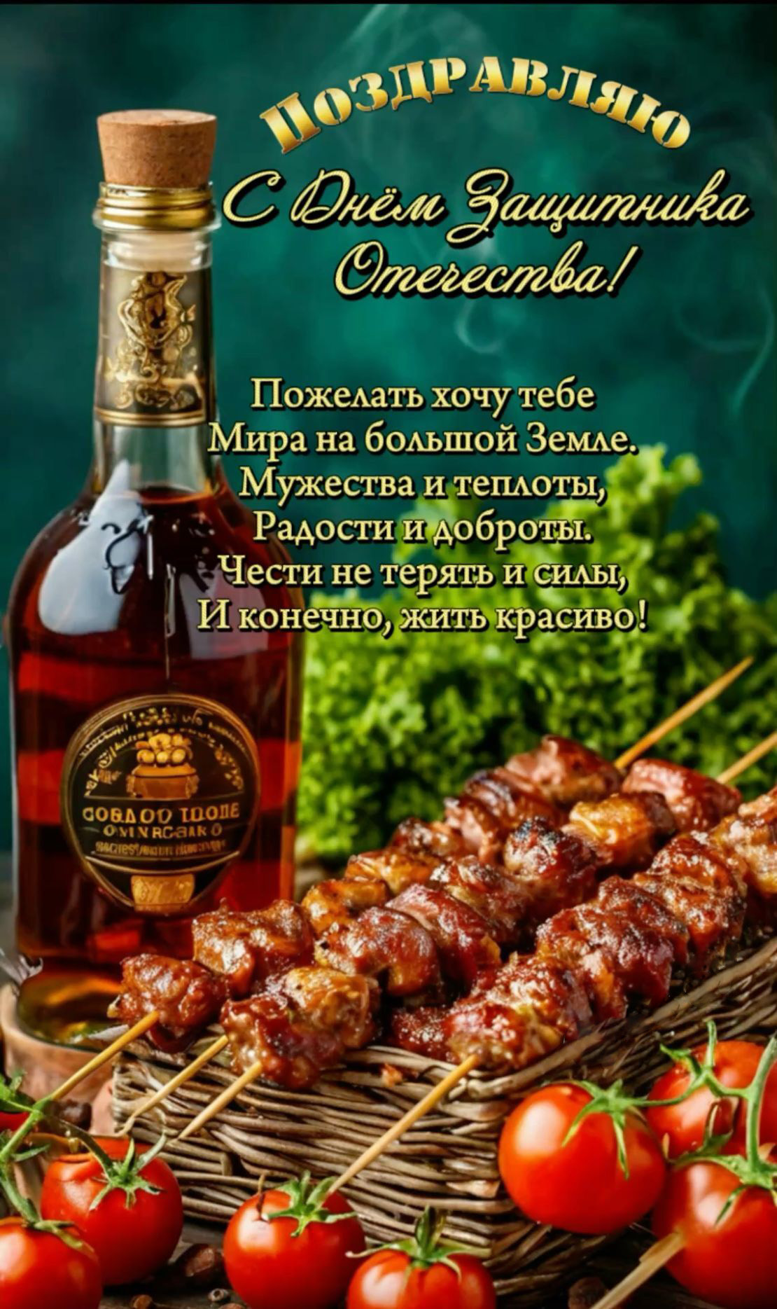 Открытка с 23 февраля День Защитника Отечества с пожеланиями и шашлыками.