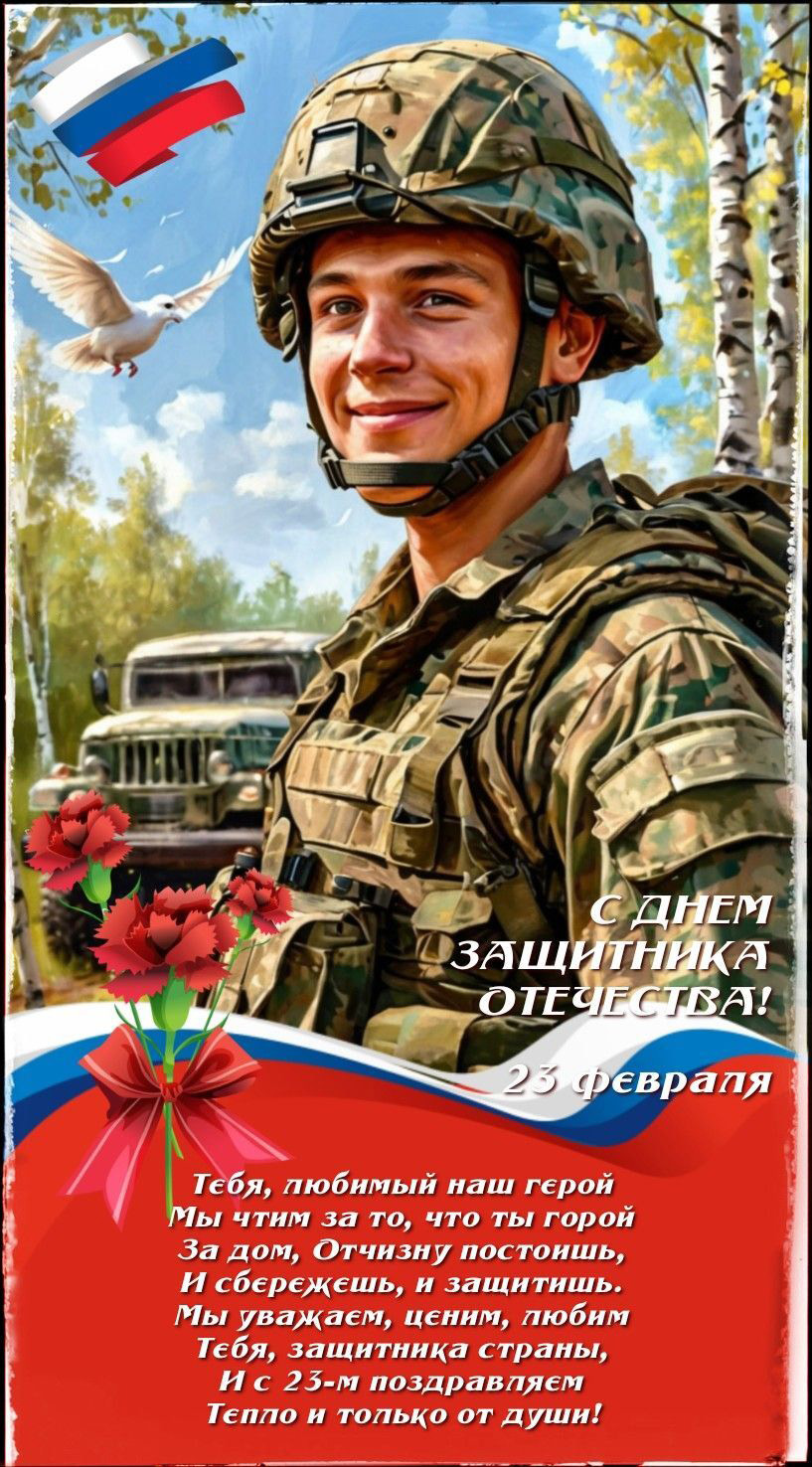 Открытка с 23 февраля День Защитника Отечества. Пожелания в стихах, российский военный.