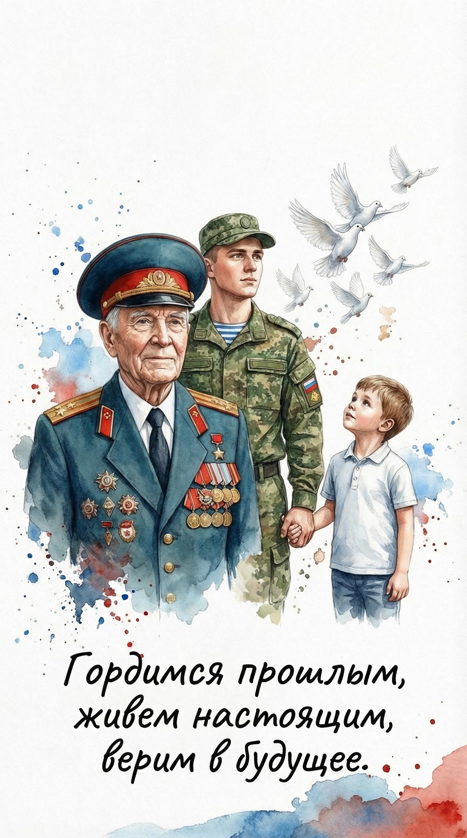 Открытка с 23 февраля День Защитника Отечества. Гордимся прошлым, живем настоящим, верим в будущее.