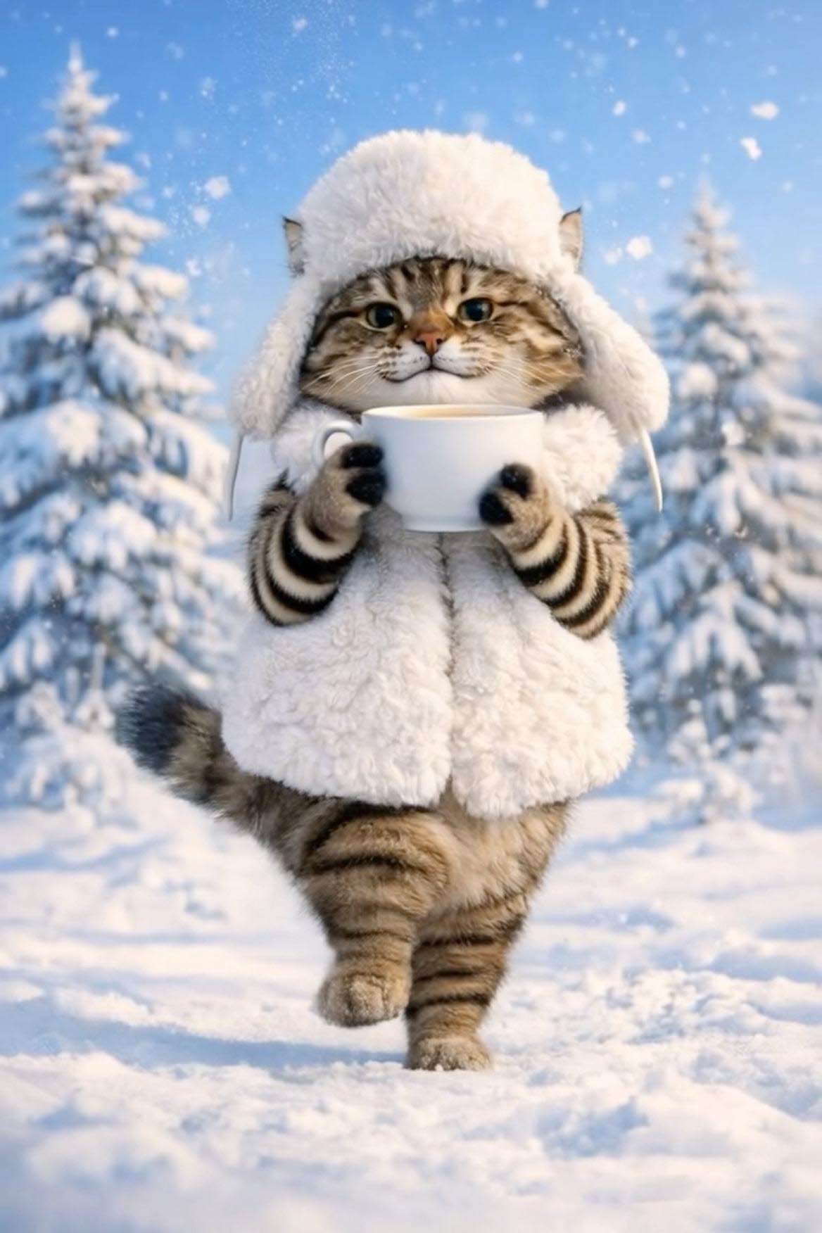 Открытка с добрым зимним утром. Без текста. Котик с чашкой в зимнем лесу.