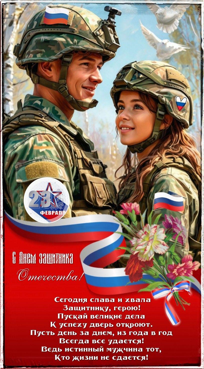 Открытка с 23 февраля День Защитника Отечества. Пожелания в стихах, Парень и девушка в военной форме.