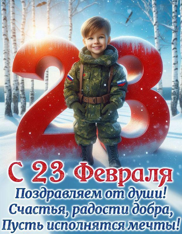 Открытка с 23 февраля День Защитника Отечества. Пожелания, мальчик в военной форме.