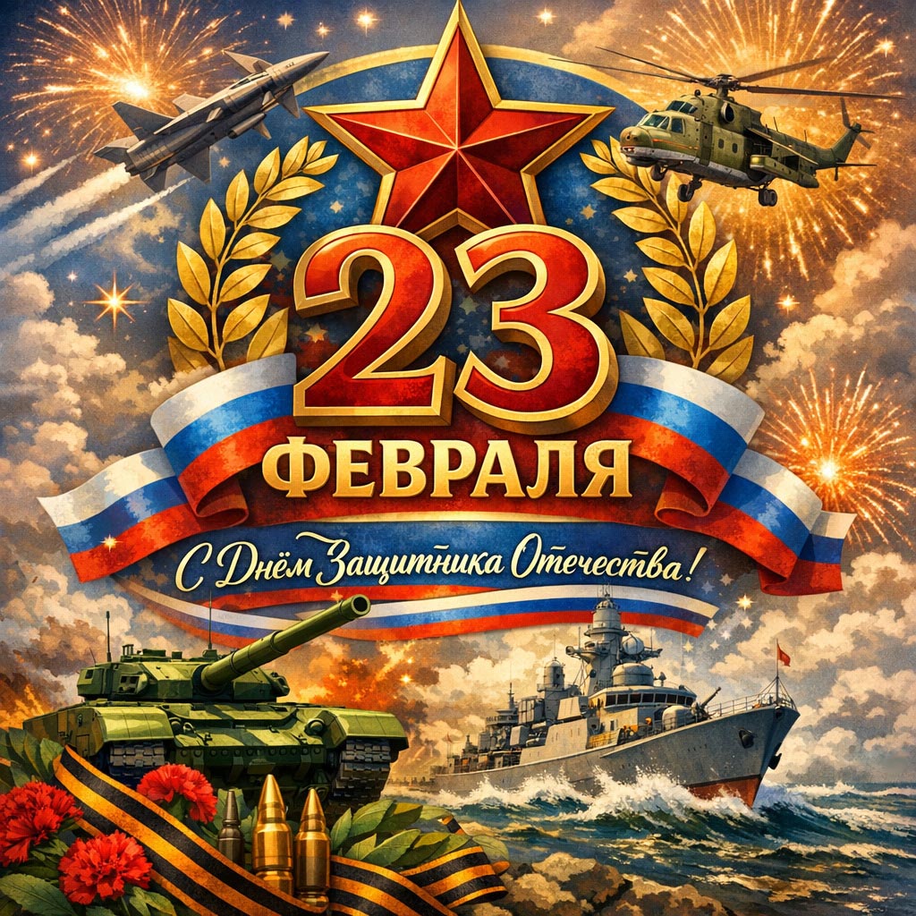 Открытка с 23 февраля День Защитника Отечества. Военная техника.