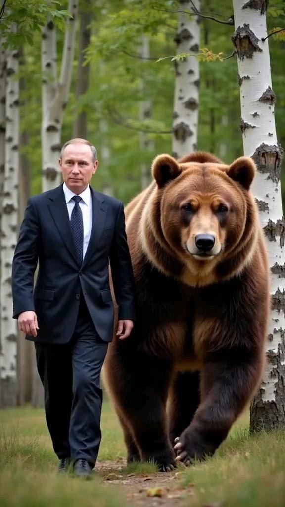 Владимир Путин с огромным медведем в березовом лесу.