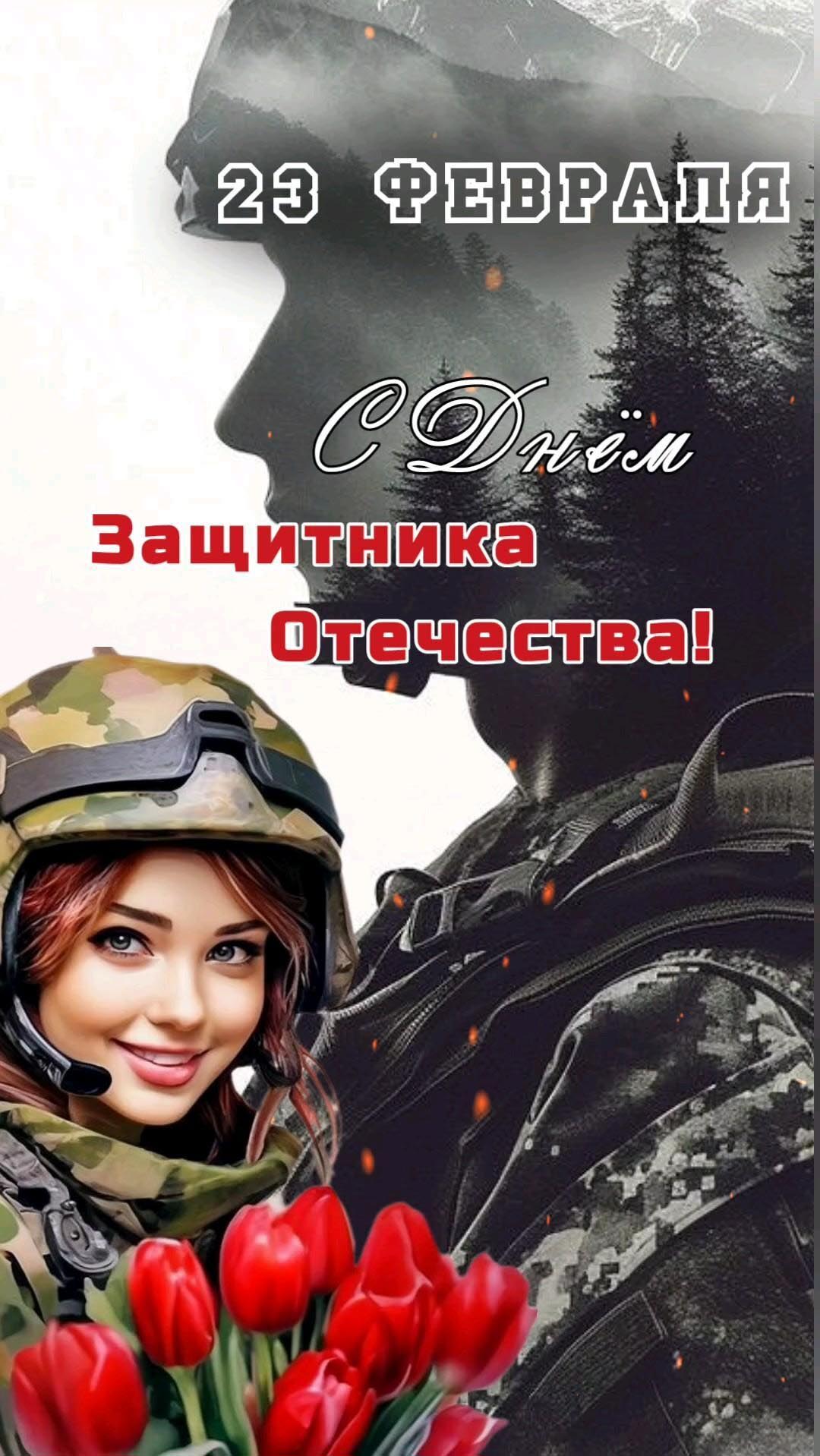 Открытка с 23 февраля День Защитника Отечества. Девушка с цветами.
