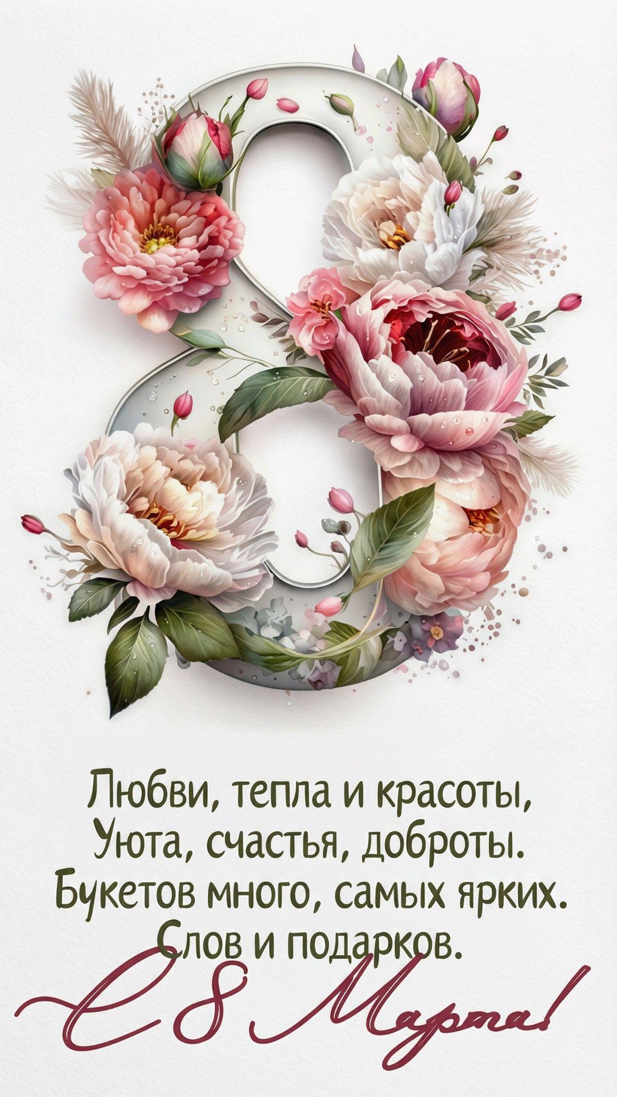 Открытка с Международным Женским Днем 8 марта. Пожелания, цветы.