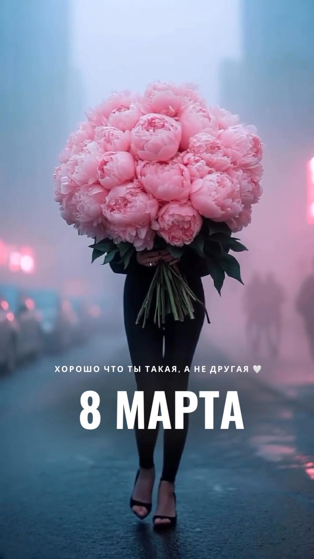 Открытка с Международным Женским Днем 8 марта. Девушка с розовыми цветами.