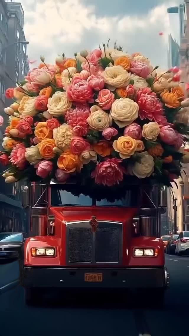 Открытка с Международным Женским Днем 8 марта. Без текста. Грузовик с цветами.