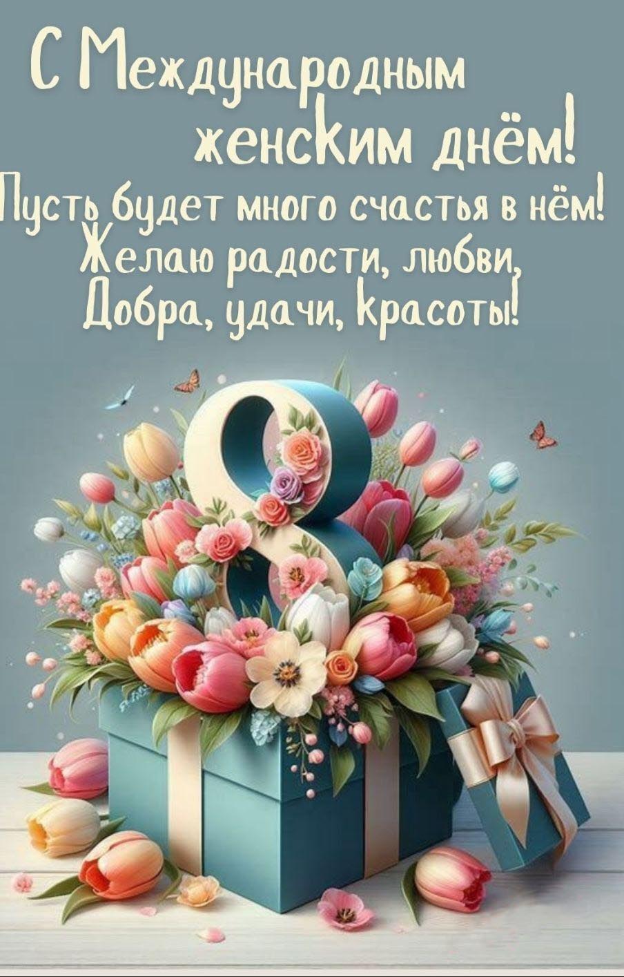Открытка с Международным Женским Днем 8 марта. Пожелания, цветы, подарки.