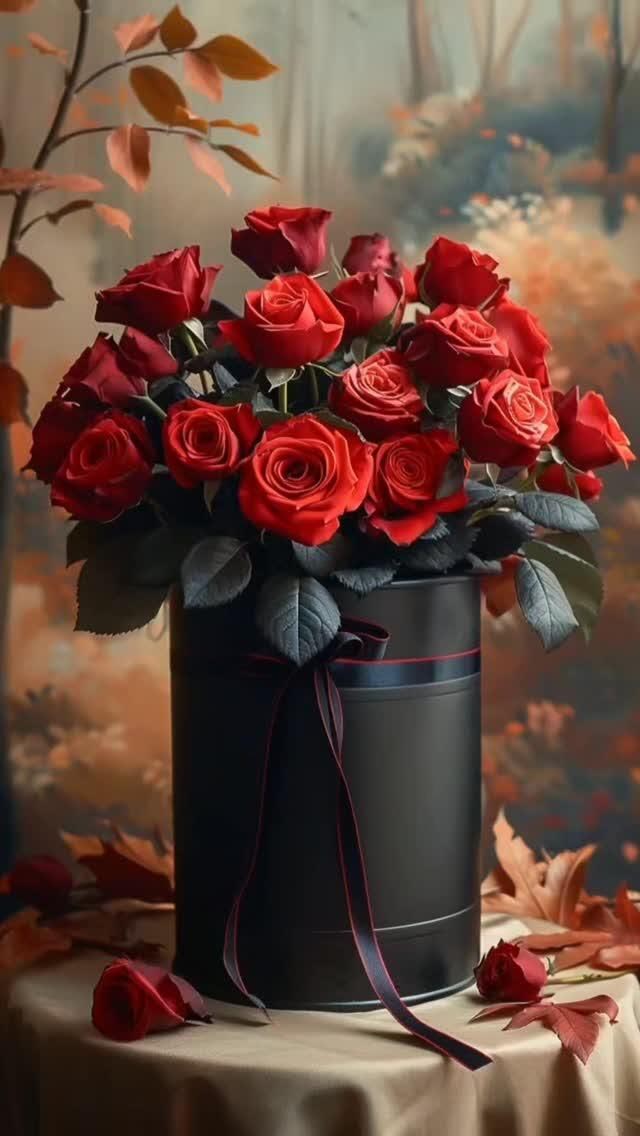 Открытка с днем рождения осенняя для женщины. Без текста. Красные розы и желтые листья.