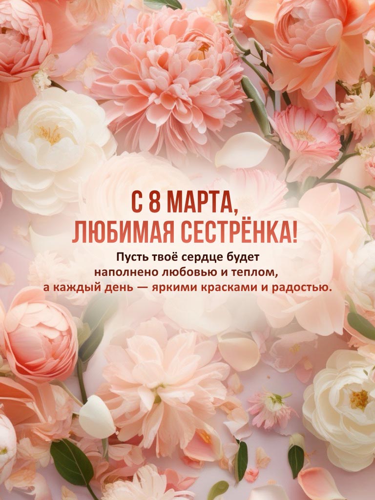 Открытка с Международным Женским Днем 8 марта сестре. Цветы и пожелания.