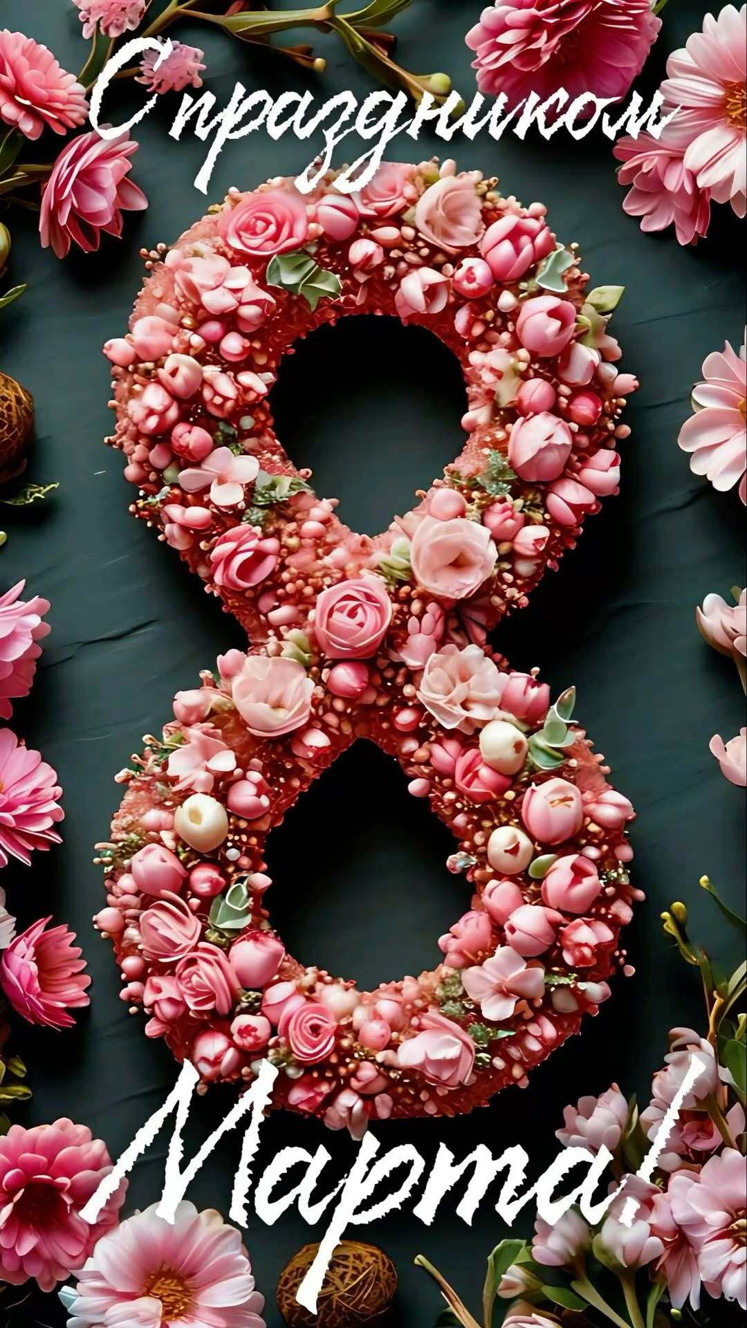 Открытка с Международным Женским Днем 8 марта. Восьмерка из цветов.