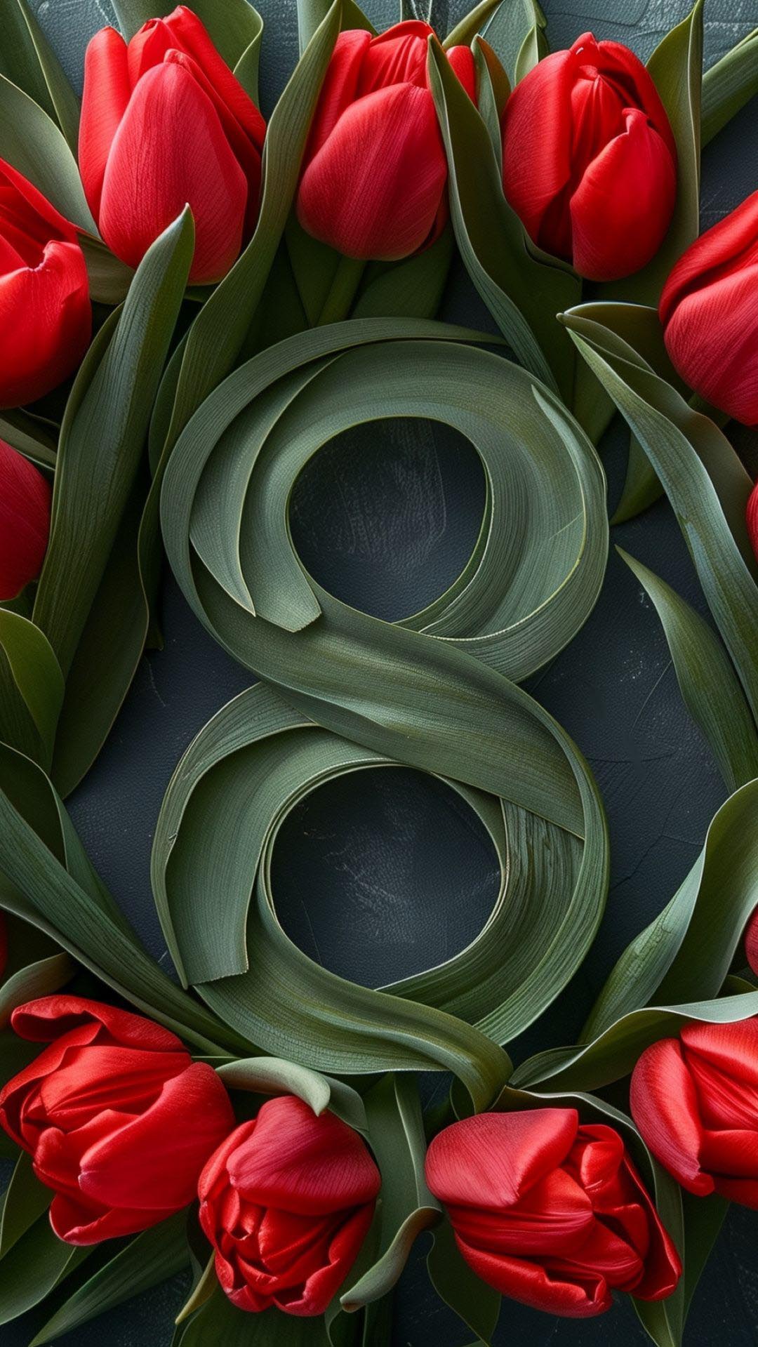 Открытка с Международным Женским Днем 8 марта. Без текста. Красные тюльпаны.