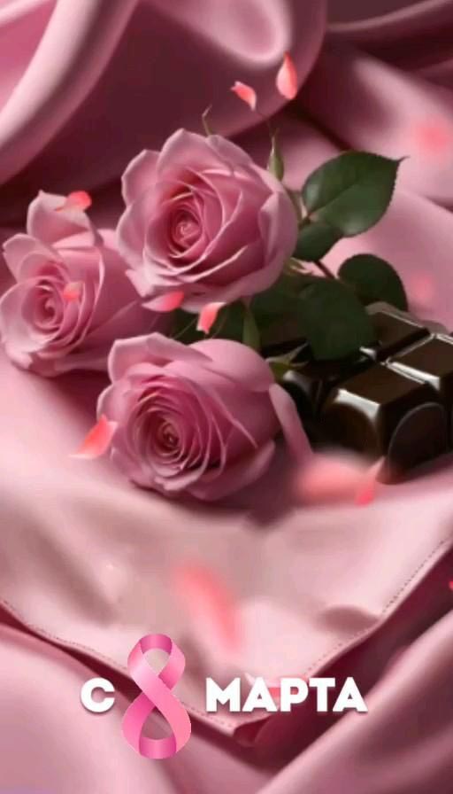 Открытка с Международным Женским Днем 8 марта. Розовые розы.