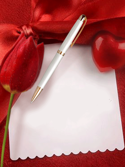 Открытка с днем рождения женщина gif анимационная. Цветок, сердечко. Ручка пишет: Поздравляю с днем рождения.