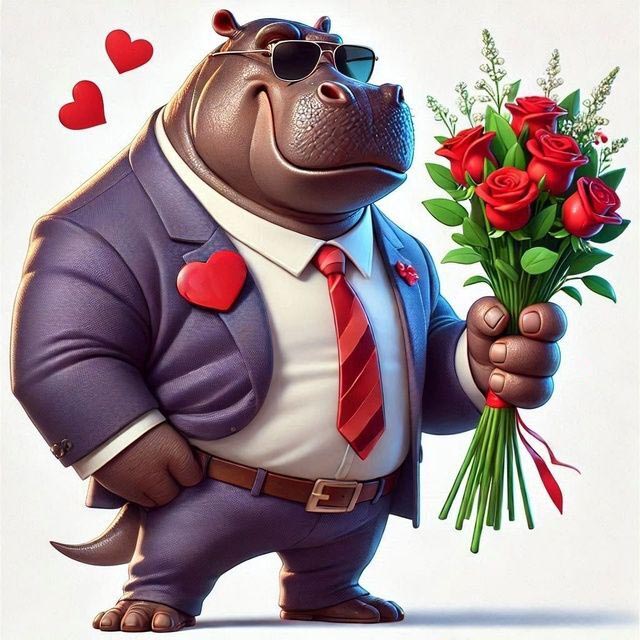 Открытка с Международным Женским Днем 8 марта прикольная. Бегемот в костюме и с цветами.