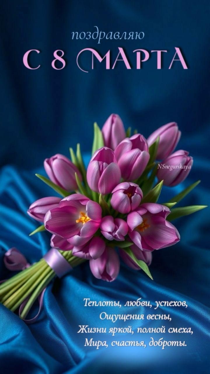 Открытка с Международным Женским Днем 8 марта стильная. Пожелания и цветы.